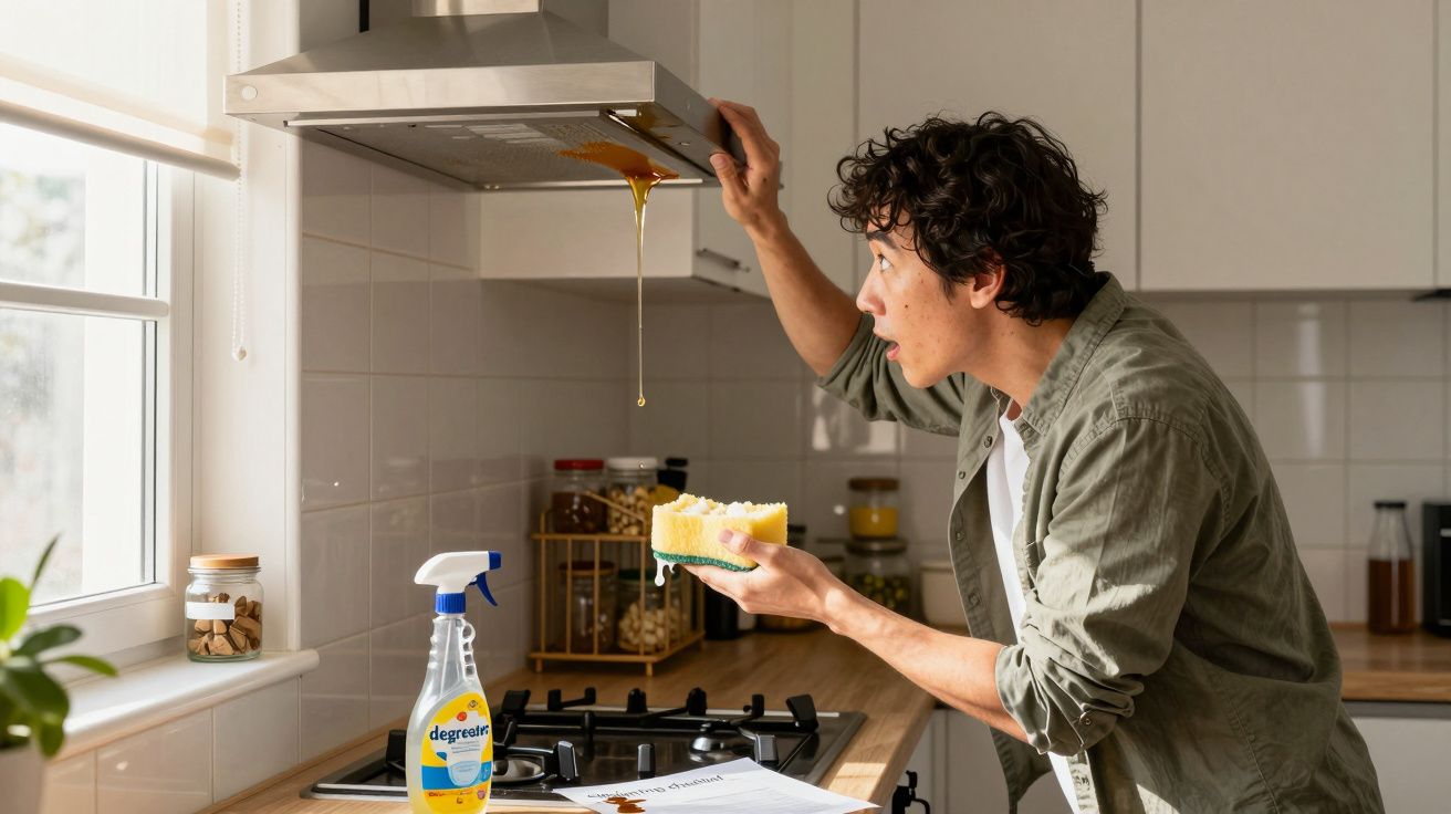 Homem observa gordura escorrendo do exaustor na cozinha enquanto segura esponja para limpar.