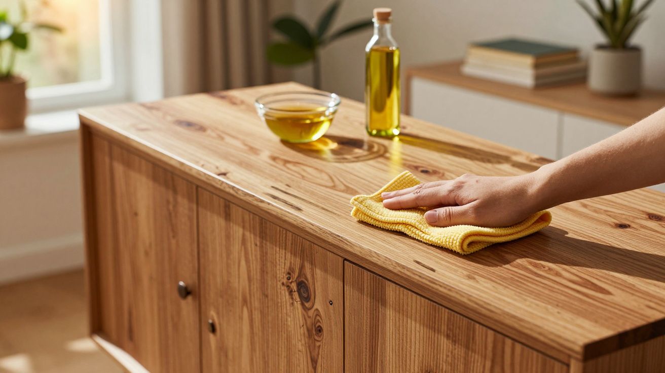 Mão limpando móvel de madeira com pano amarelo, com azeite em recipiente e garrafa ao fundo.