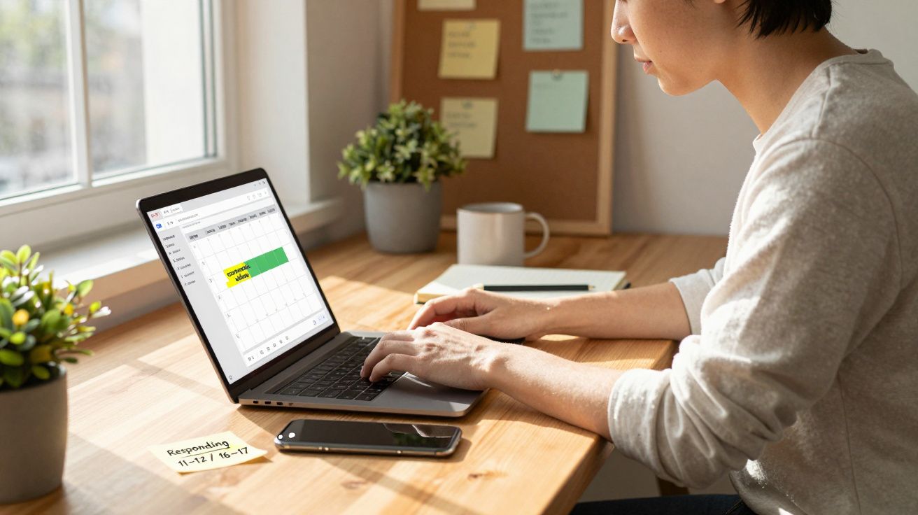 Pessoa trabalhando no computador com calendário aberto, mesa de madeira com celular e plantas ao lado.