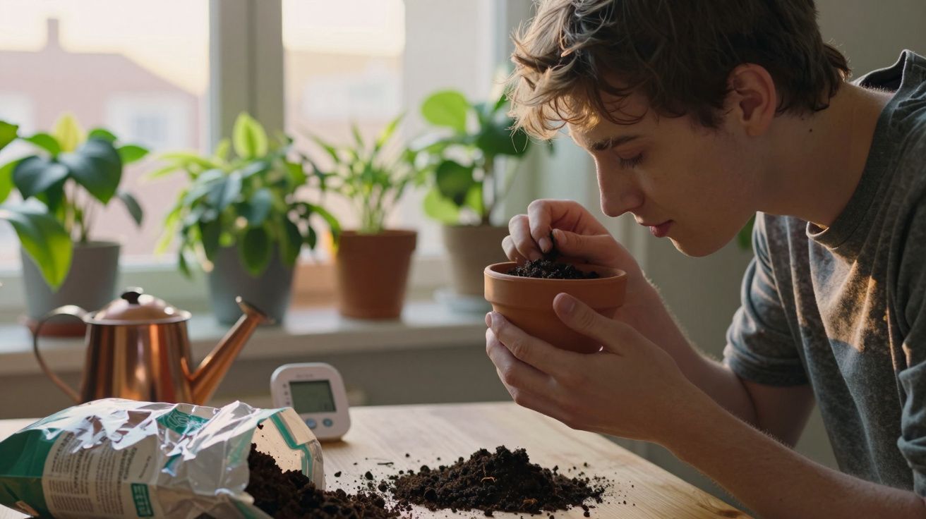 Jovem colhendo ou plantando sementes em vaso de barro em mesa com terra e regador ao fundo.