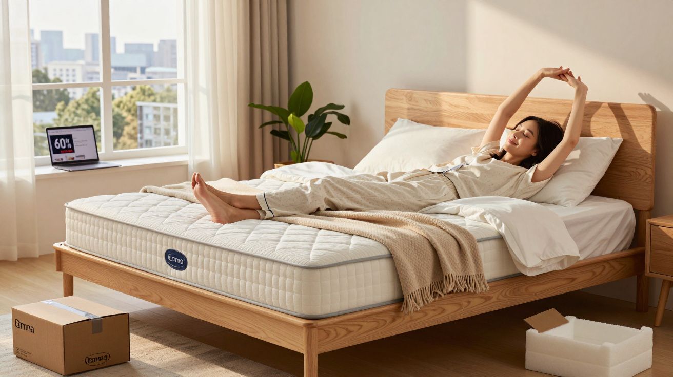 Mulher alongando-se e relaxando em cama com colchão Emma em quarto iluminado pela manhã.
