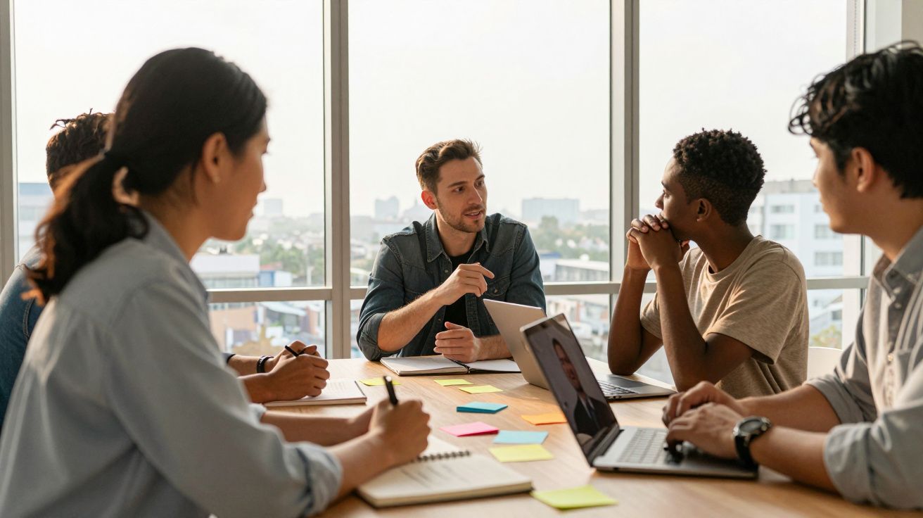 Grupo diverso de pessoas em reunião de trabalho ao redor de mesa com notebooks e anotações, em ambiente iluminado.