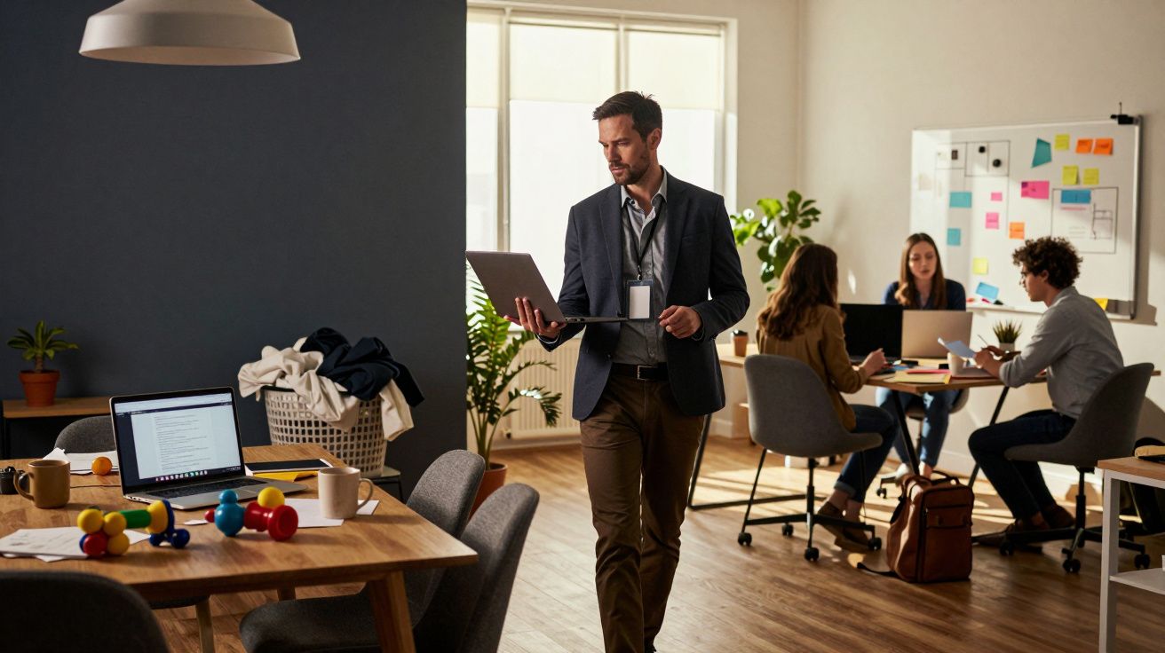 Homem de terno caminhando com laptop em escritório moderno com pessoas em reunião ao fundo.