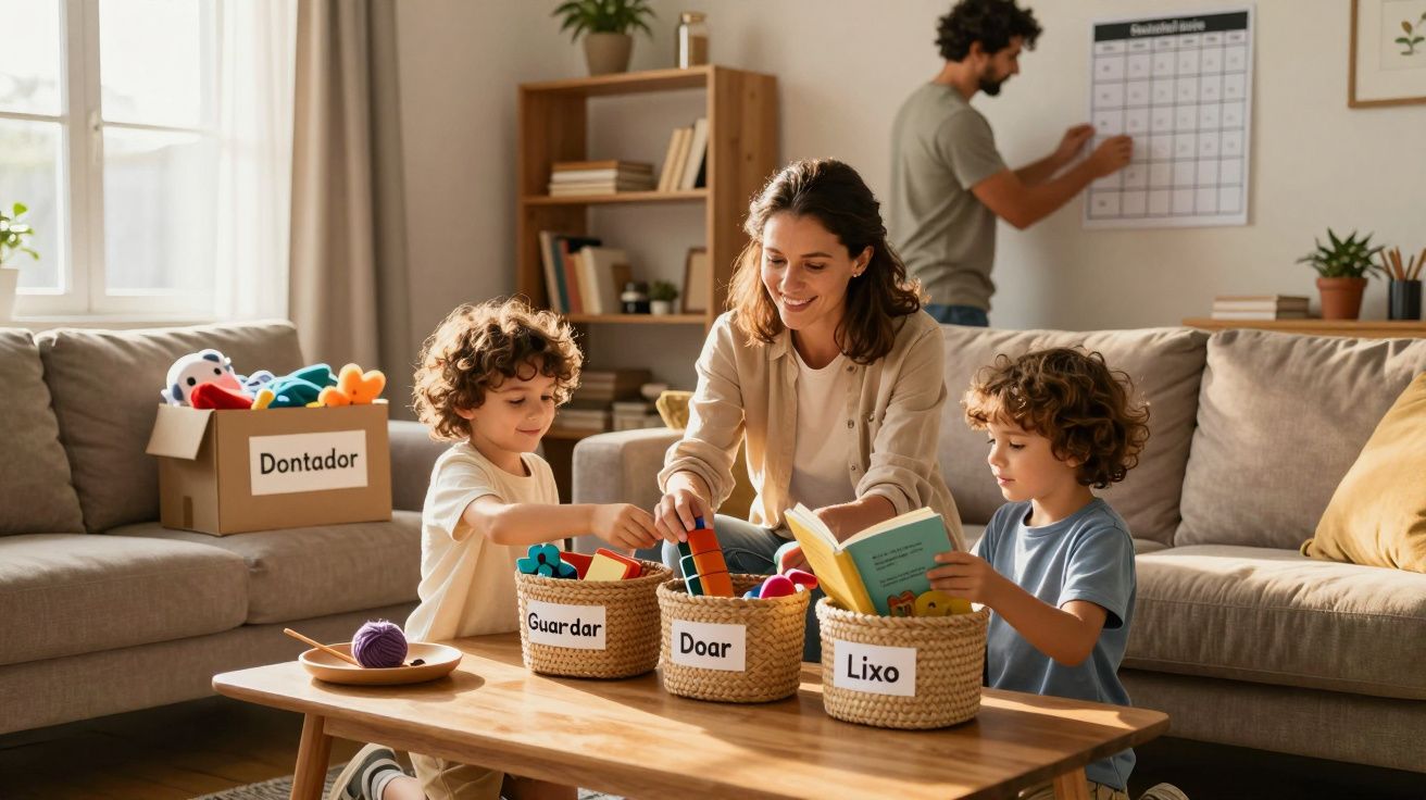 Família organizando brinquedos em casa, crianças separando em cestos com etiqueta e pai ao fundo no quadro.