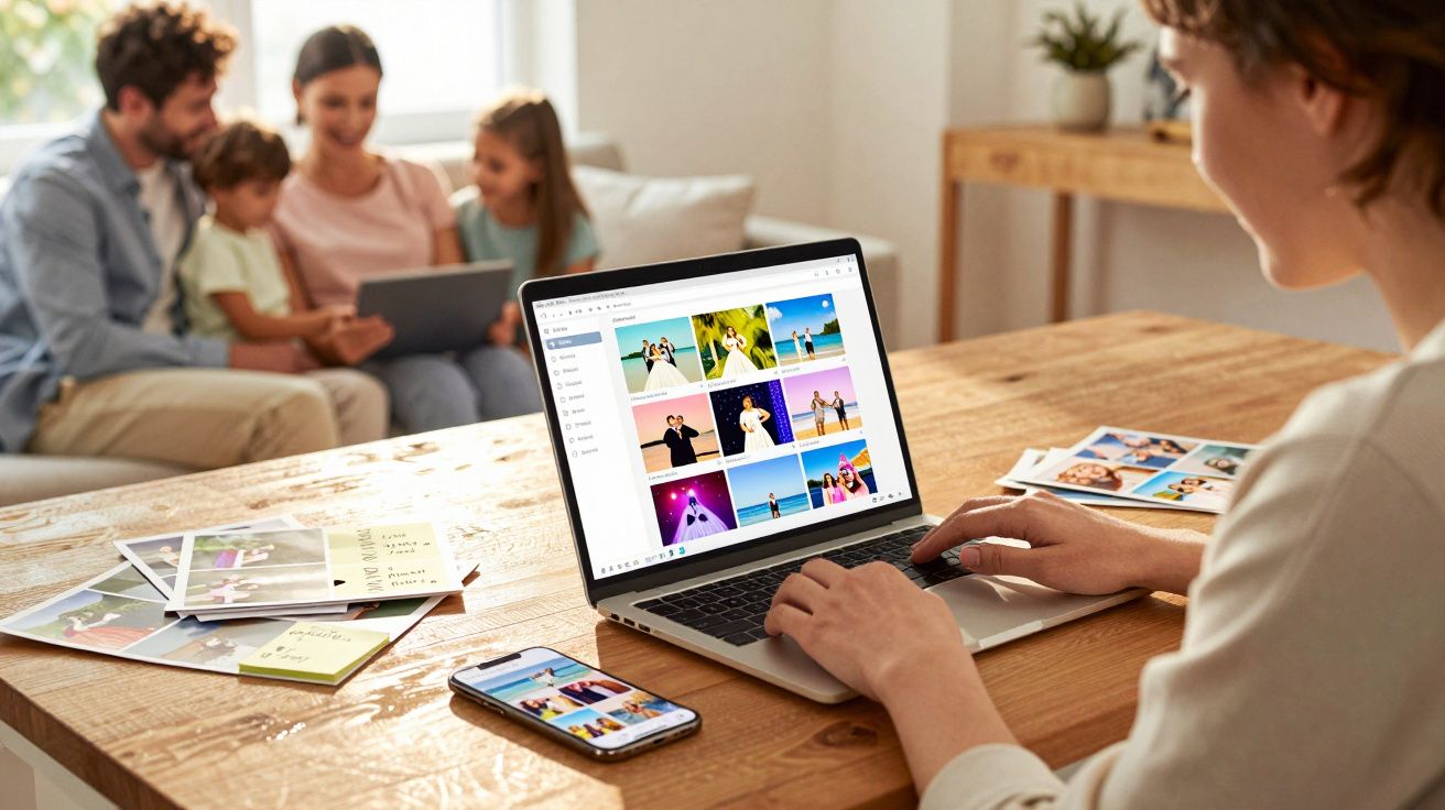Pessoa organizando fotos digitais no laptop enquanto família olha tablet ao fundo em sala iluminada.