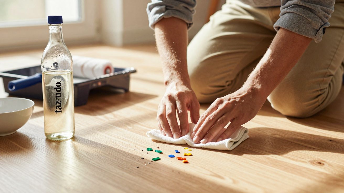 Pessoa limpando tinta derramada no chão de madeira com pano, ao lado de uma garrafa e um rolo de pintura.