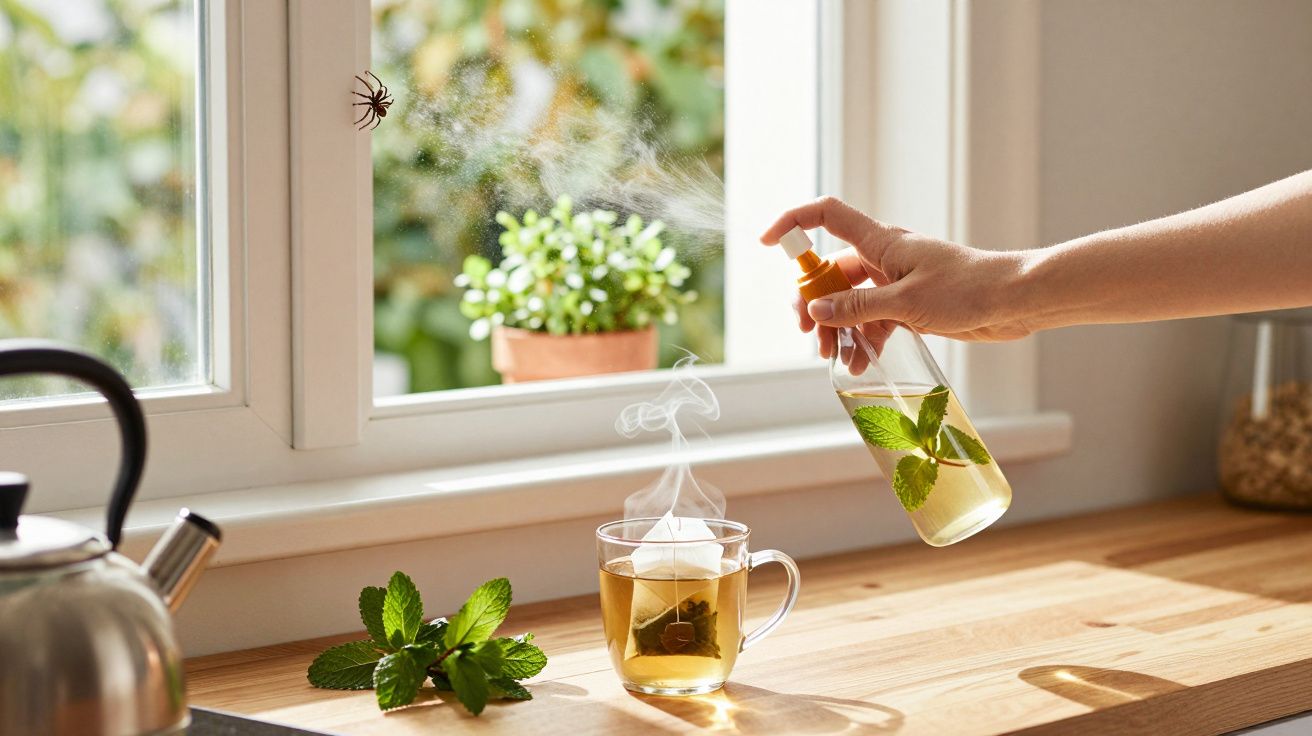Mão borrifando repelente natural em uma janela onde há uma aranha e uma xícara de chá com folhas de hortelã na bancada.