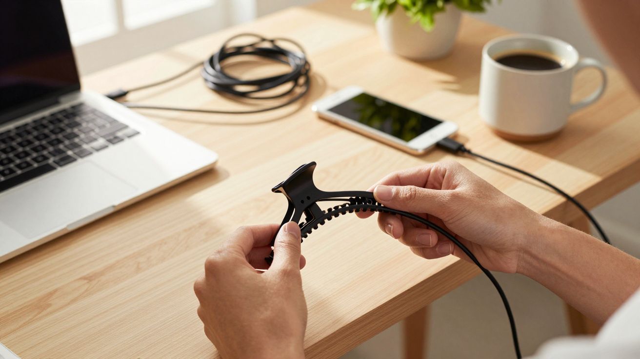 Pessoa segurando clip preto de cabelo em mesa com laptop, celular carregando, planta e xícara de café.