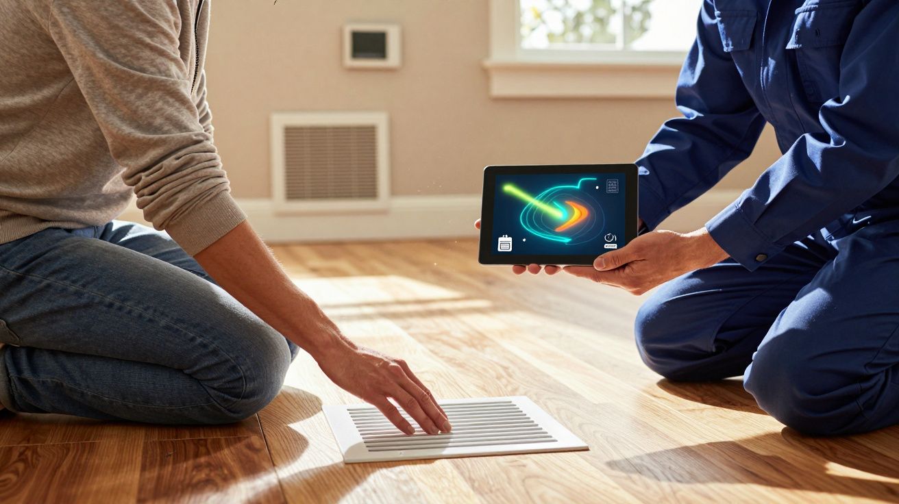 Duas pessoas de joelhos no chão de madeira, uma ajustando ventilação e outra segurando tablet.