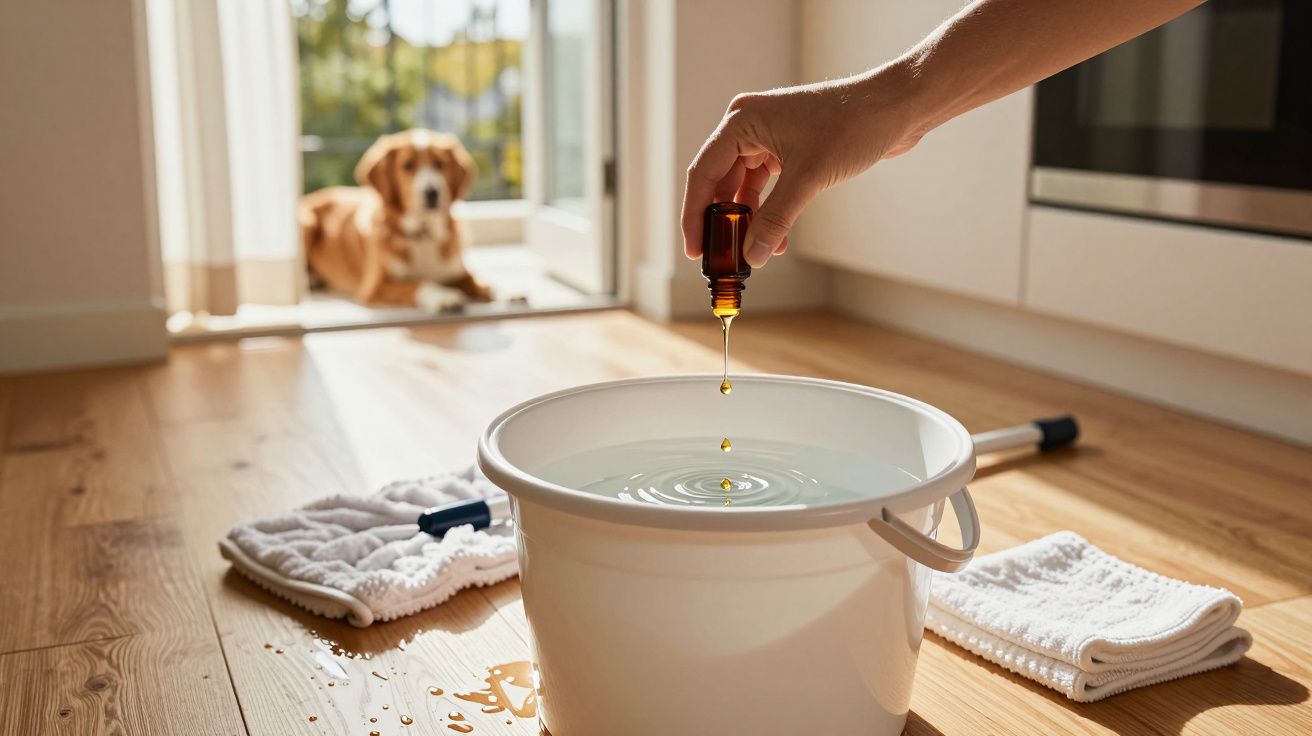 Mão pingando óleo essencial em balde com água, pano e cachorro ao fundo em casa iluminada.
