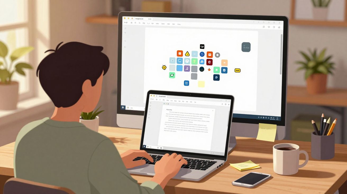 Pessoa trabalhando em laptop com monitor grande, mesa organizada com café, celular e material de escritório.