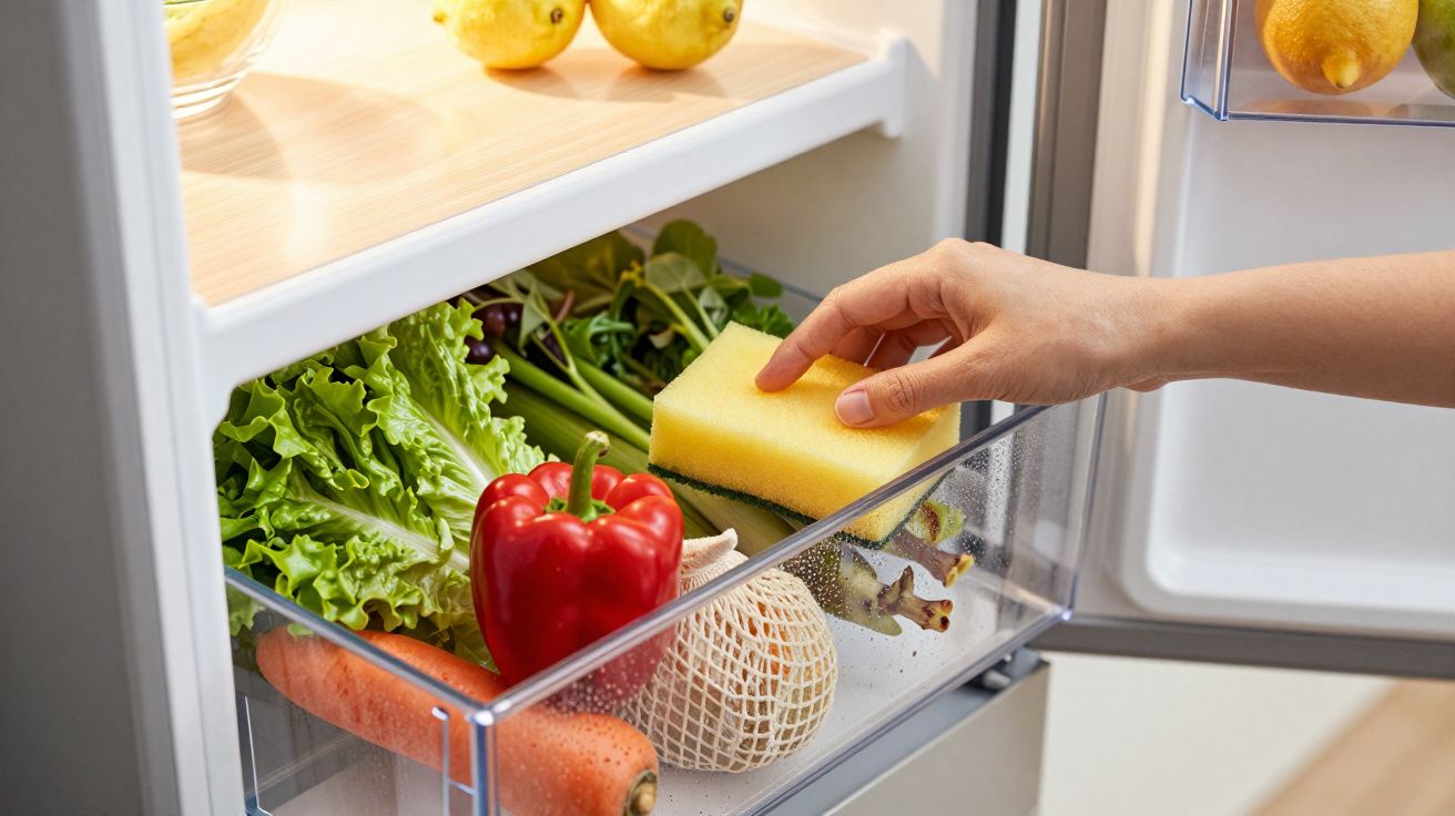 Mão com esponja limpando gaveta de geladeira com legumes e frutas frescas dentro.
