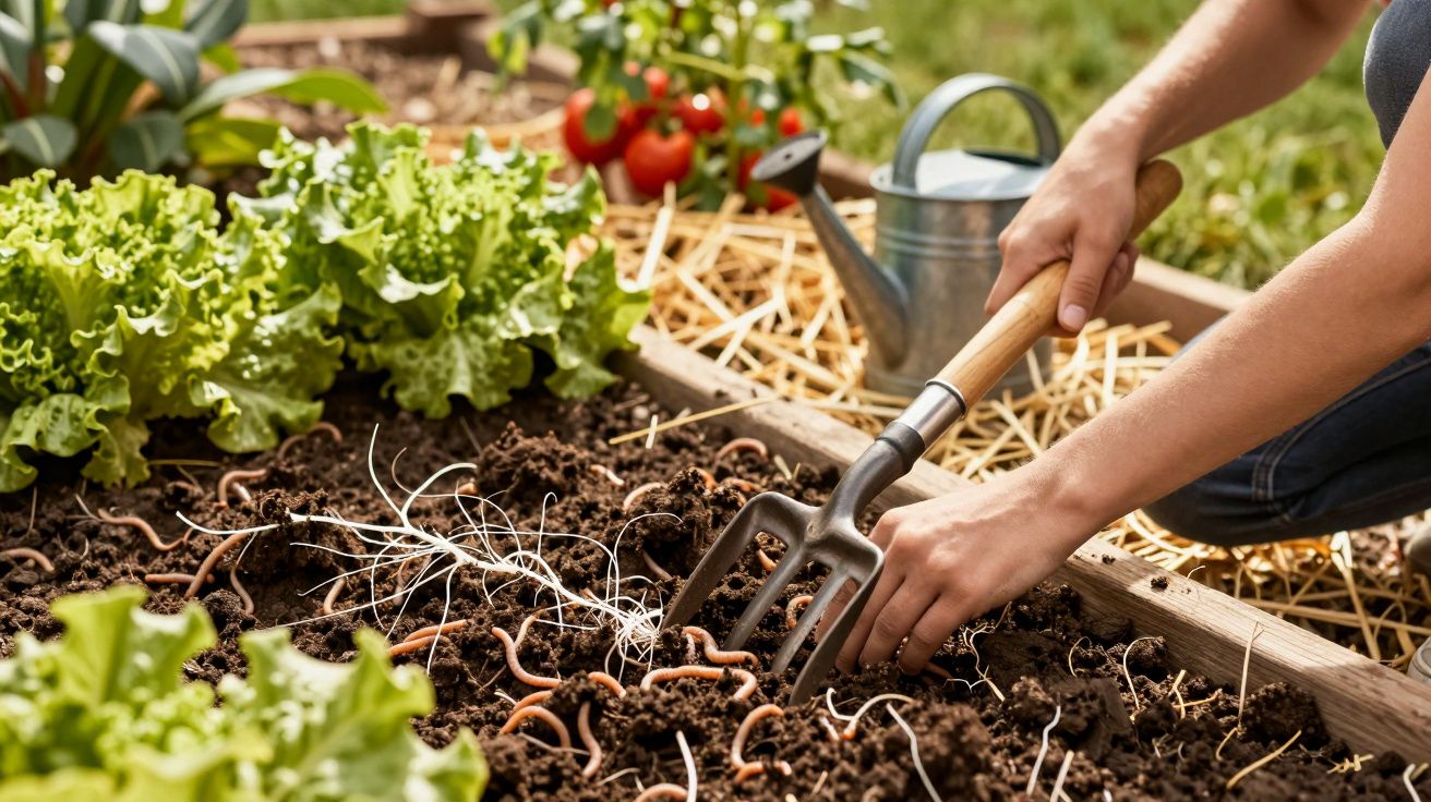 Mãos cultivando terra com ancinho em canteiro de jardim com alfaces, minhocas e regador ao fundo.