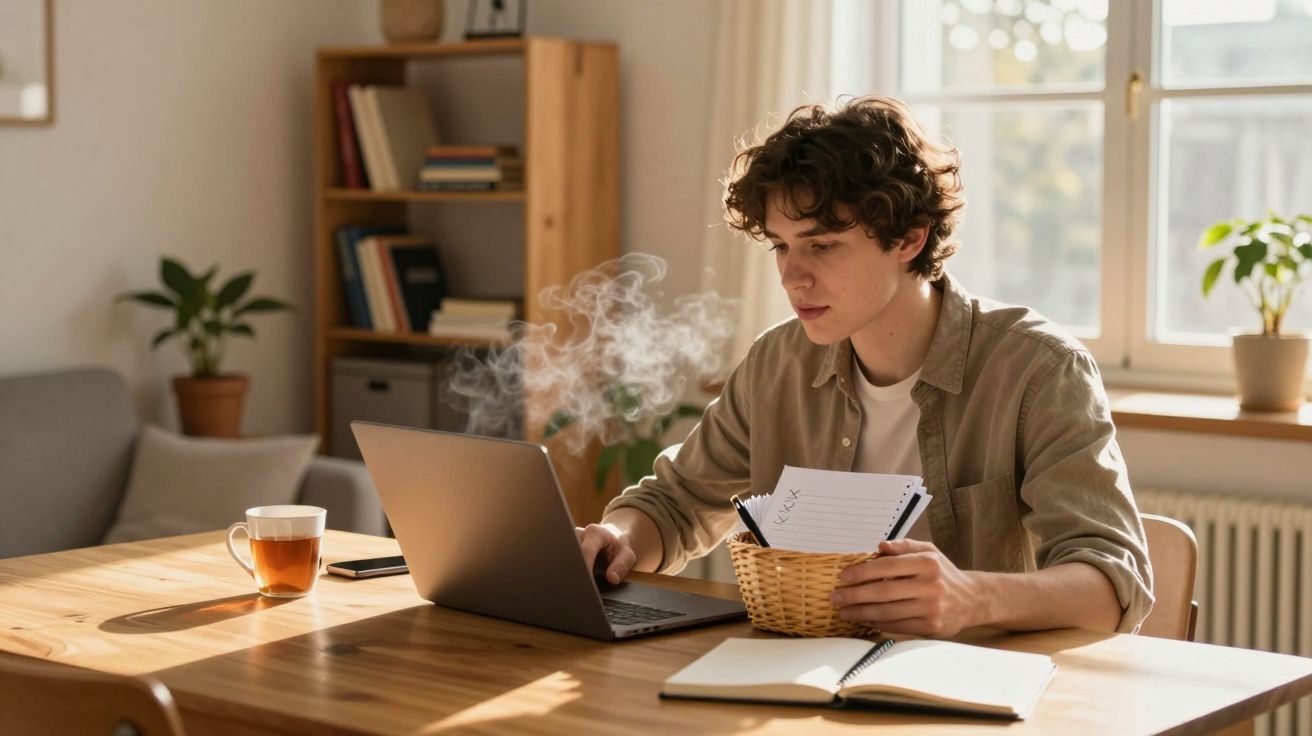 Jovem trabalhando no laptop à mesa com xícara de chá fumegante e notas em ambiente iluminado pela luz natural.