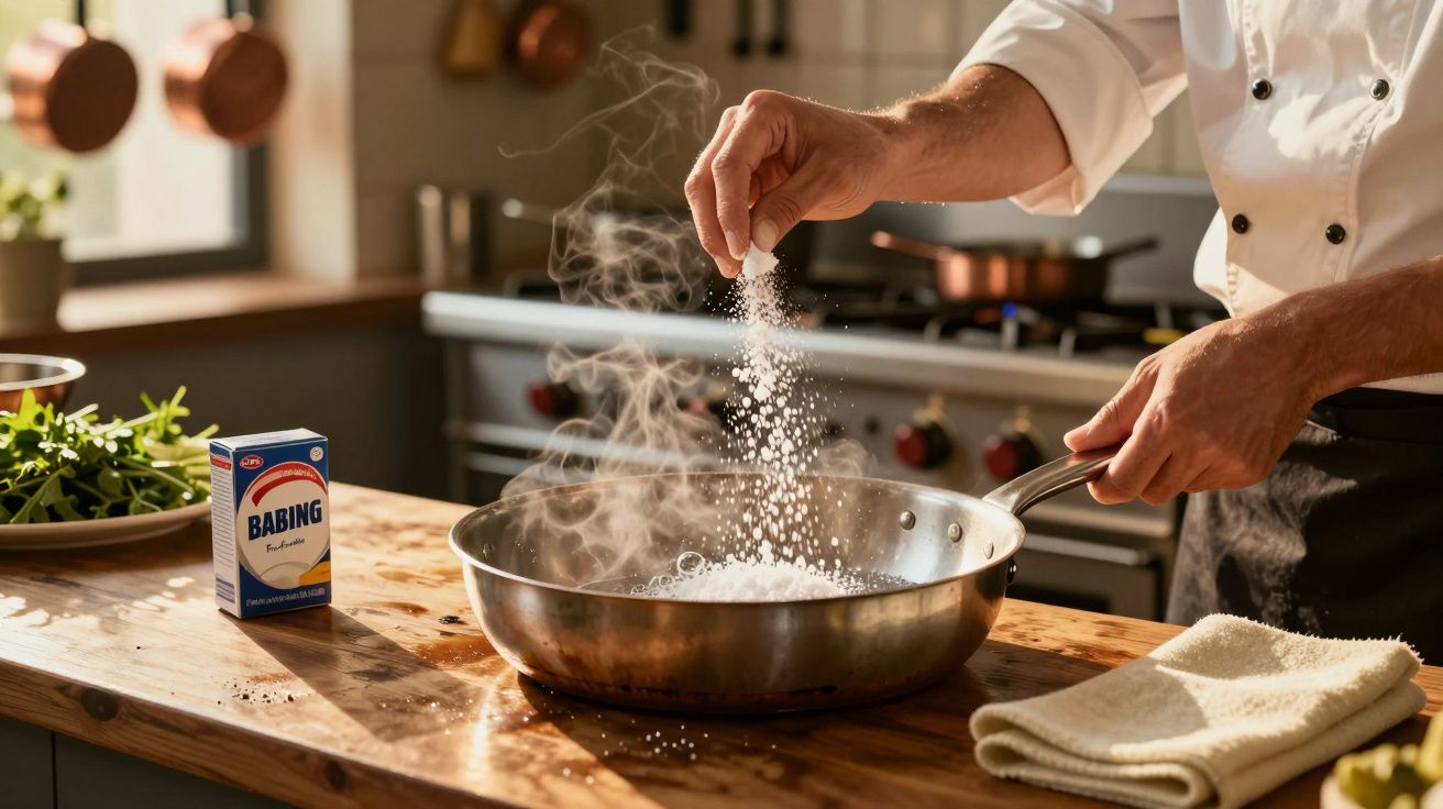 Pessoa acrescenta sal em frigideira fumegante sobre bancada de madeira em cozinha doméstica.