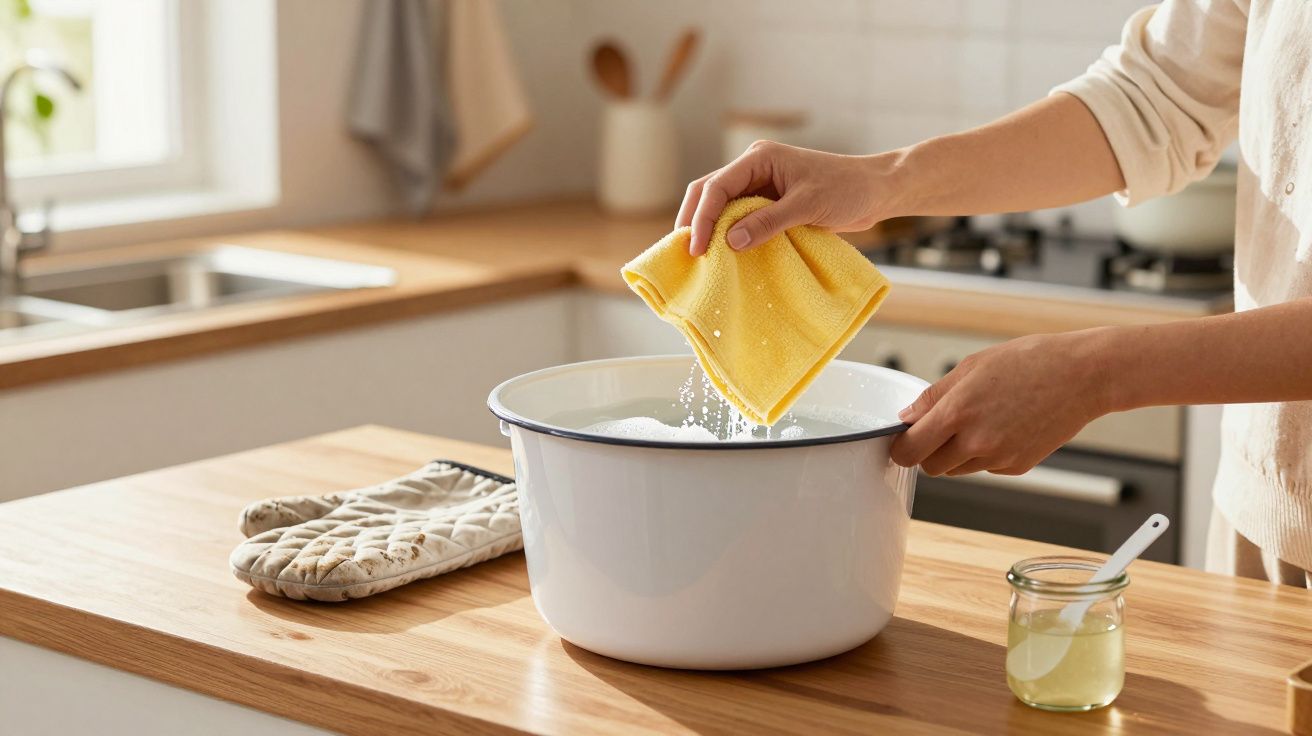 Pessoa espremendo um pano amarelo sobre uma bacia branca cheia de água na cozinha.