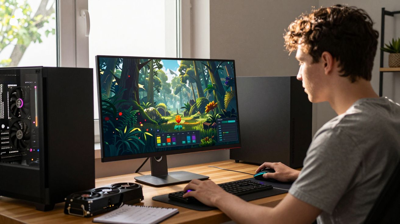 Homem jogando jogo de videogame com cenário de floresta em computador de mesa próximo a janela iluminada.