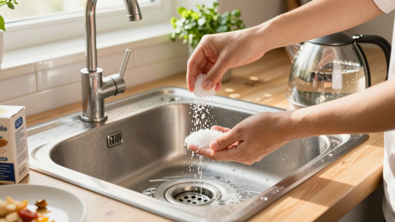 Pessoa derramando sal sobre a mão próxima à pia de cozinha de inox com bancada de madeira.