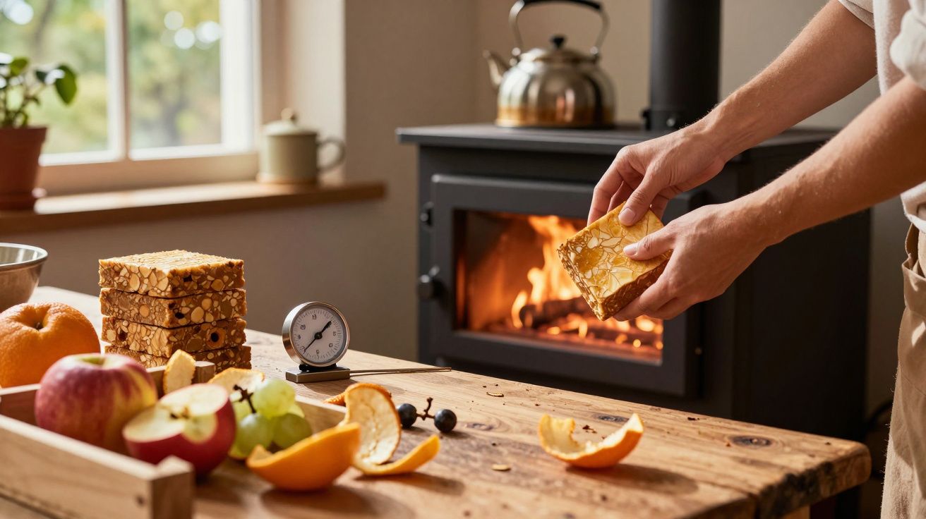 Pessoa segurando pedaço de panetone próximo a fogão a lenha com frutas e termômetro na mesa de madeira.