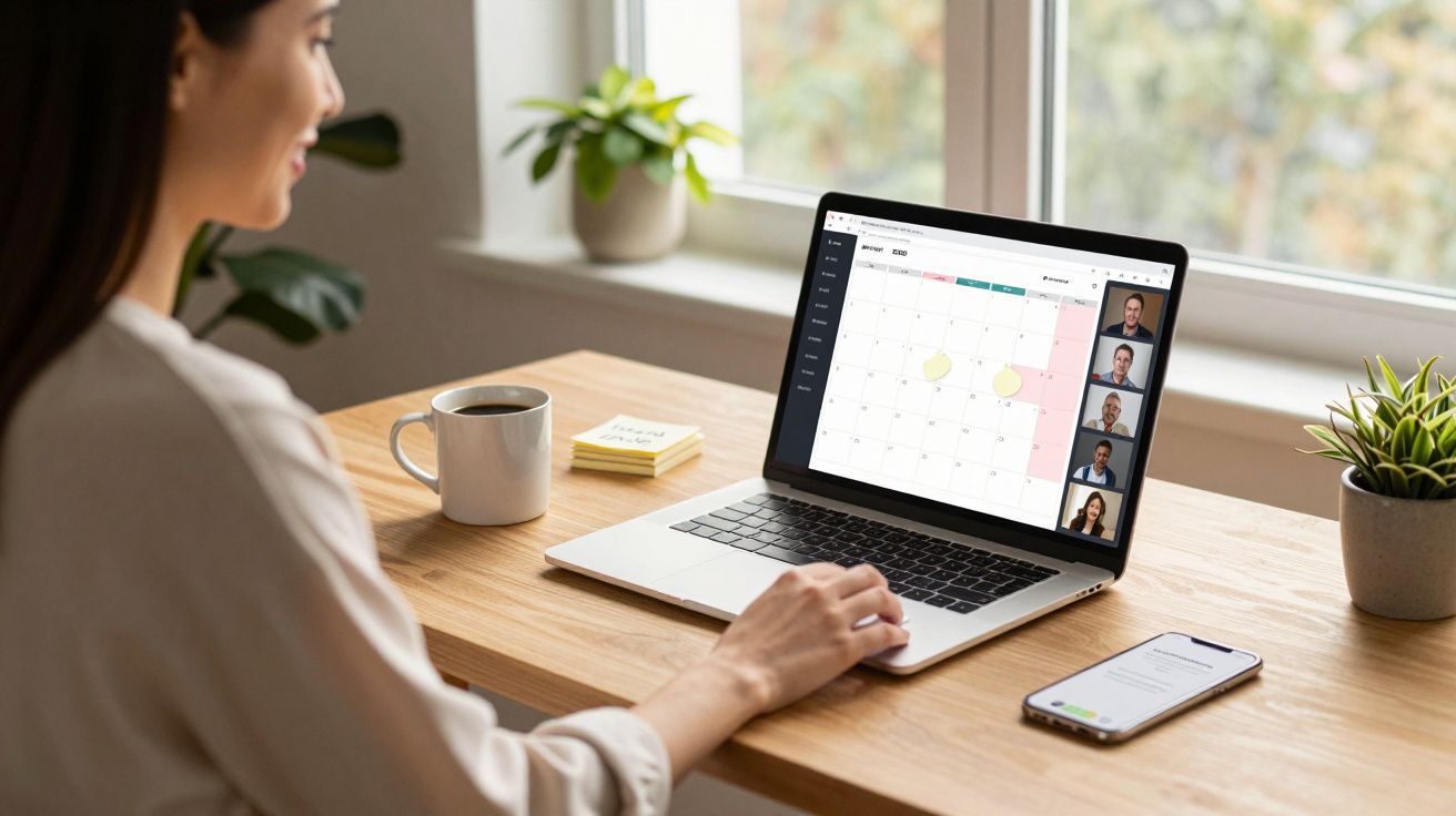 Mulher usando laptop em vídeo chamada com agenda digital aberta, sentada à mesa perto da janela.