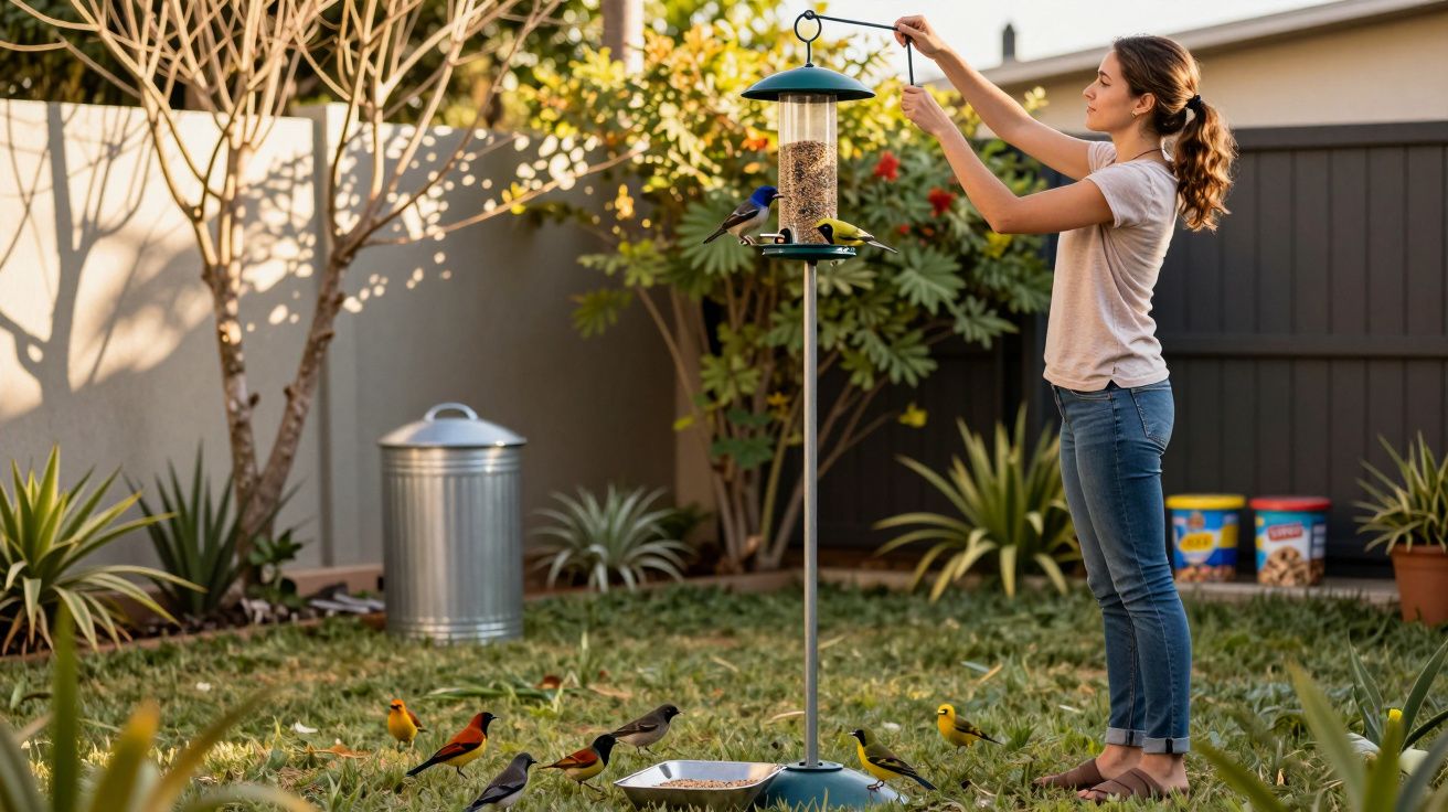 Mulher alimenta passarinhos em comedouro suspenso no jardim de casa em dia ensolarado.