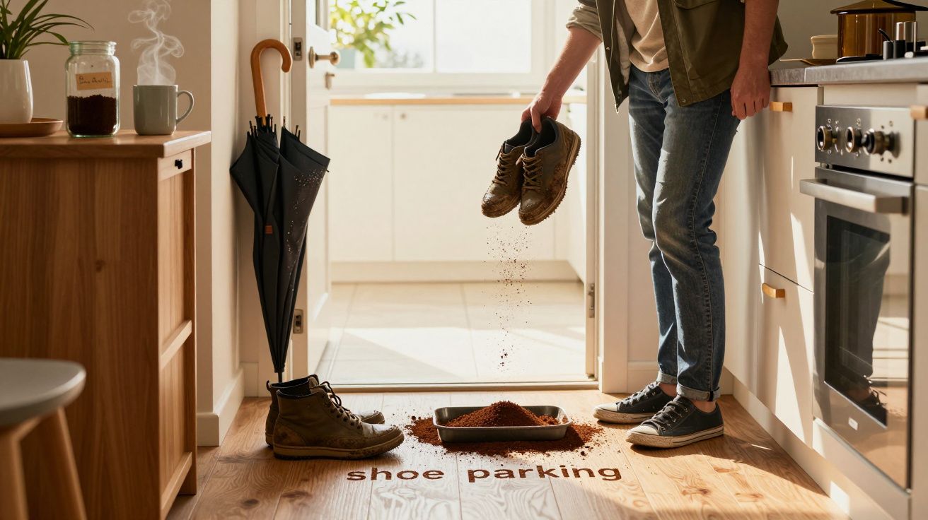 Pessoa limpando botas em casa, com área designada para guardar sapatos no chão da cozinha.