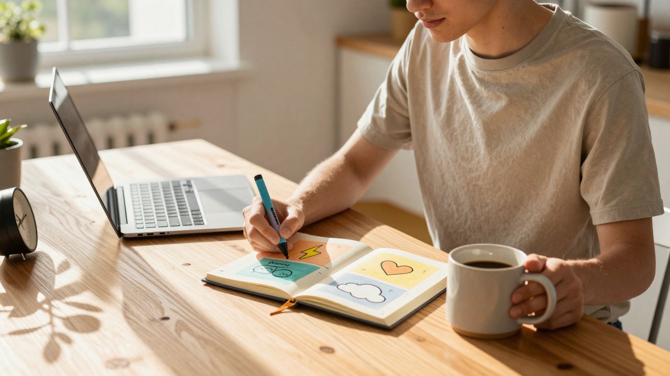 Pessoa desenhando em um caderno com caneta, segurando uma caneca, laptop aberto sobre a mesa de madeira.