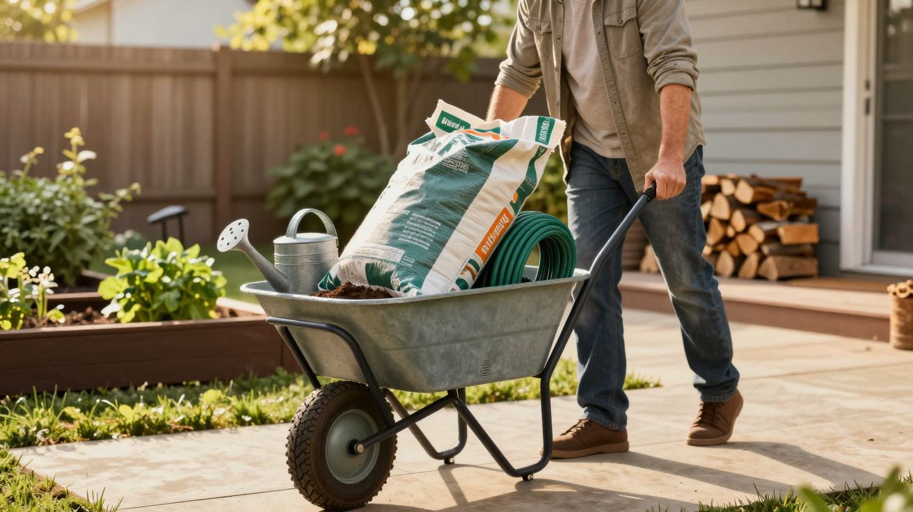 Pessoa empurrando carrinho de mão com saco de terra, regador e mangueira em jardim ensolarado.
