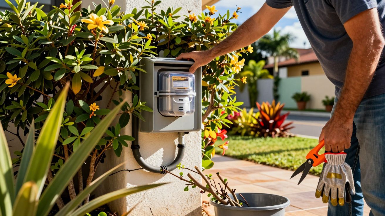 Pessoa mexendo em medidor de energia elétrica próximo a plantas no jardim de uma casa.