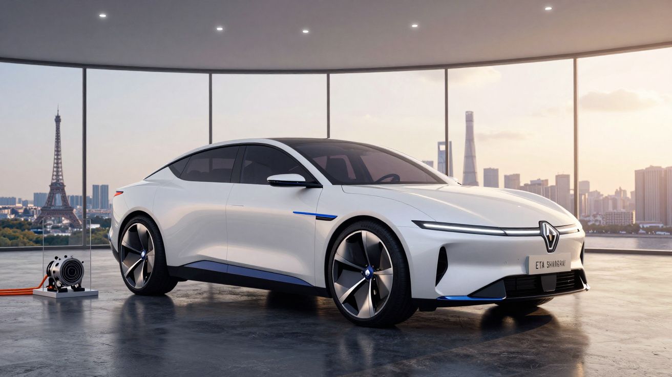 Carro elétrico branco da Renault estacionado em salão com vista para a Torre Eiffel ao fundo.