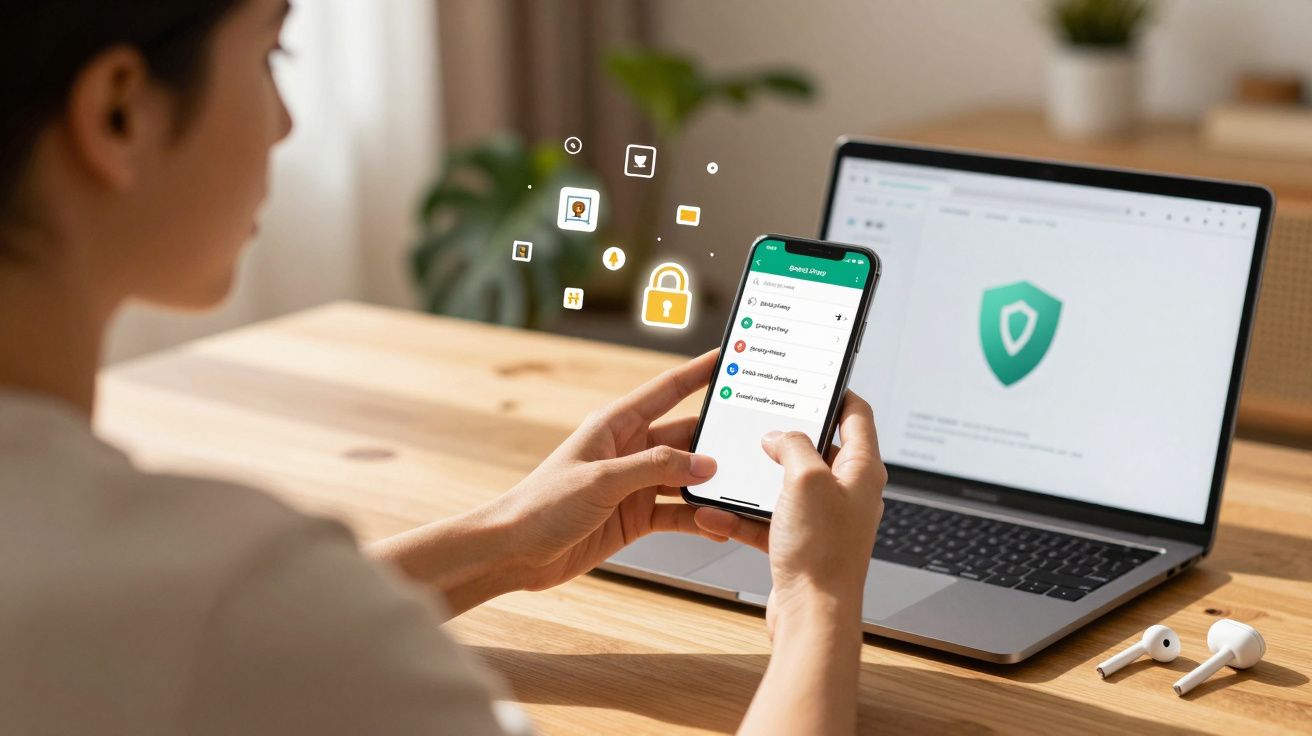 Pessoa segurando smartphone com app de segurança aberto, laptop com escudo verde ao fundo.