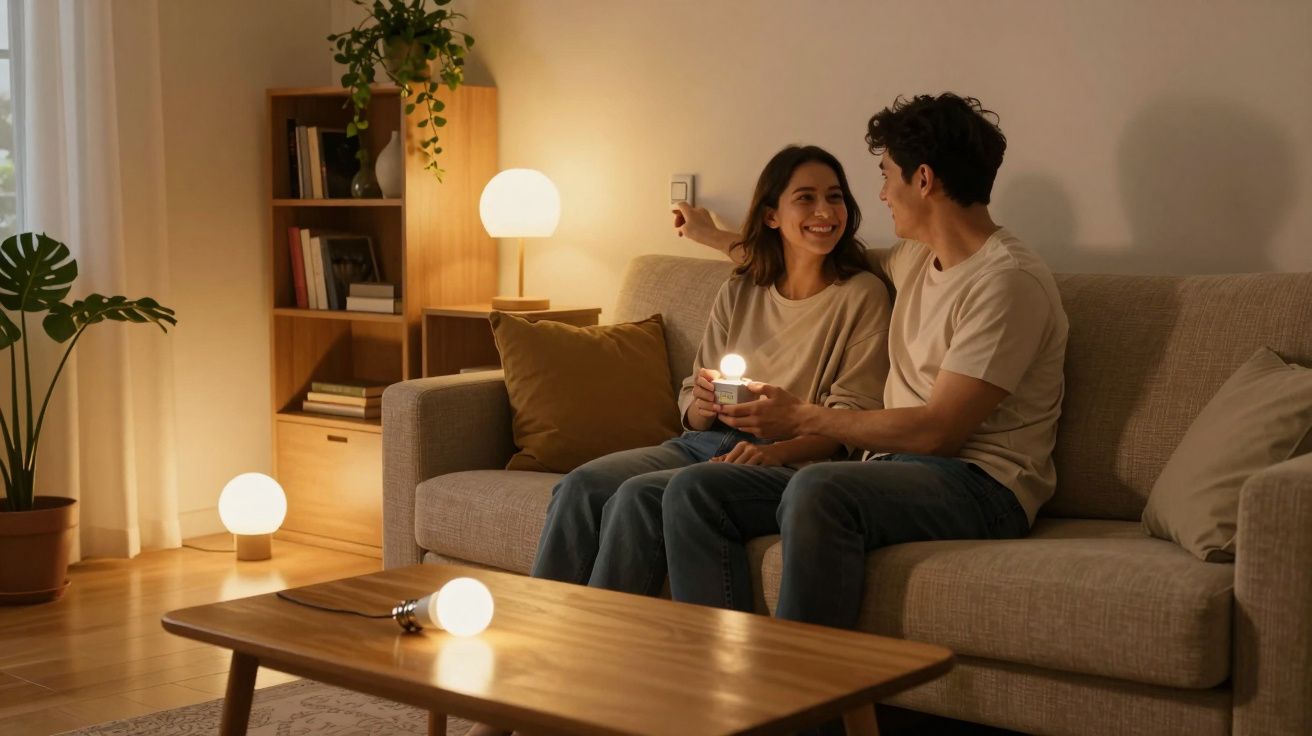 Casal sorridente sentado no sofá trocando uma lâmpada em sala de estar aconchegante e iluminada.