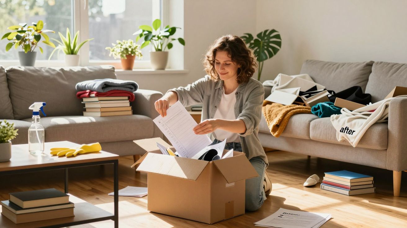 Mulher organizando papéis em caixa de papelão na sala de estar iluminada com sofá e plantas ao fundo.