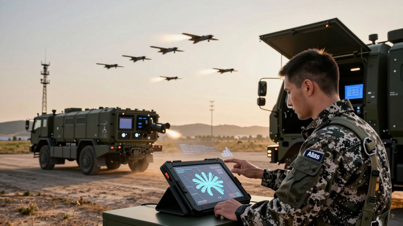 Militar operando tablet avançado próximo a veículos militares enquanto drones voam ao fundo ao pôr do sol.