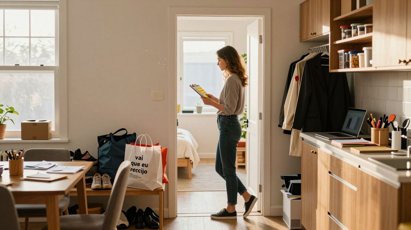 Mulher lendo lista de compras em casa, próxima à cozinha com sacolas e mesa ao lado.
