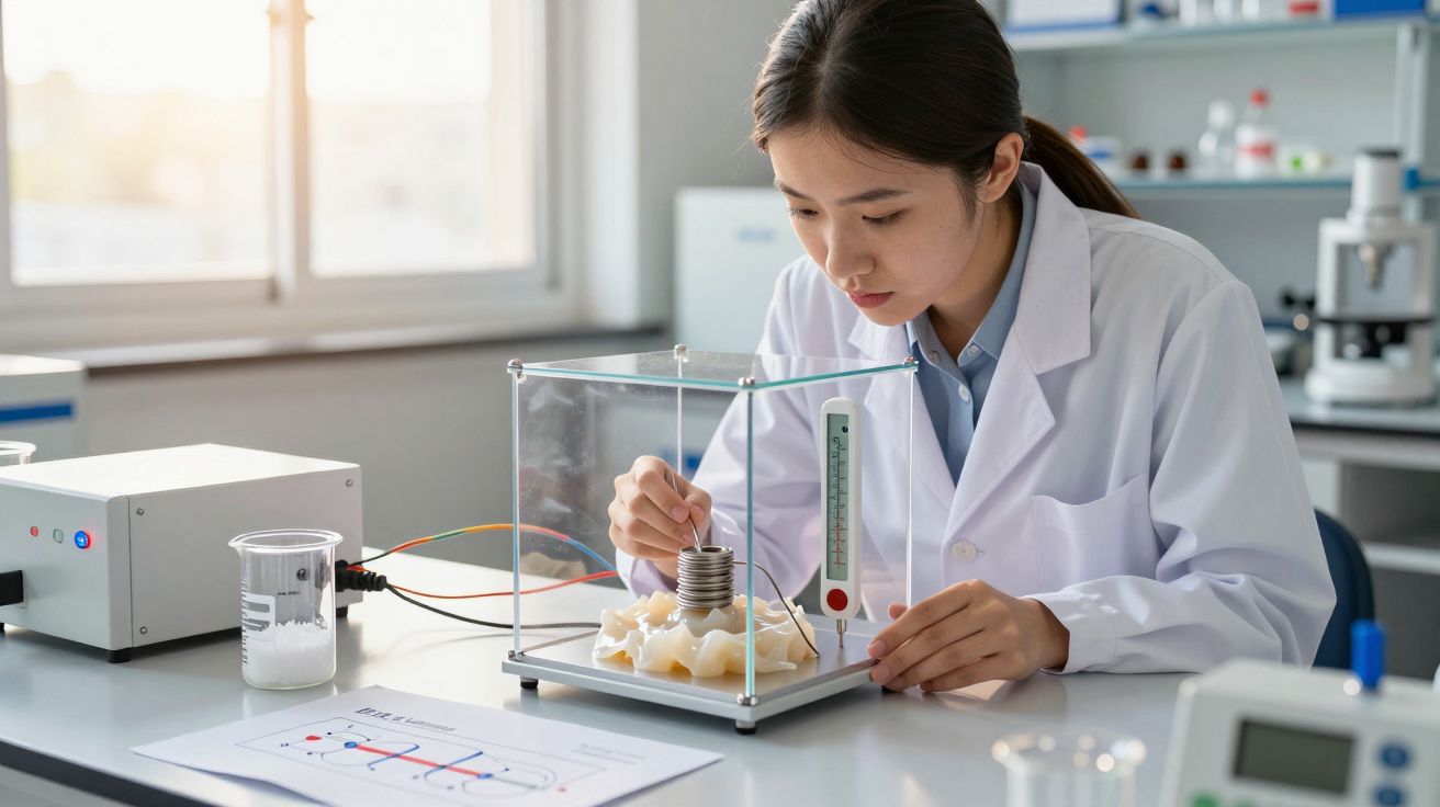 Cientista mulher com jaleco branco realizando experimento em laboratório com equipamento de medição.
