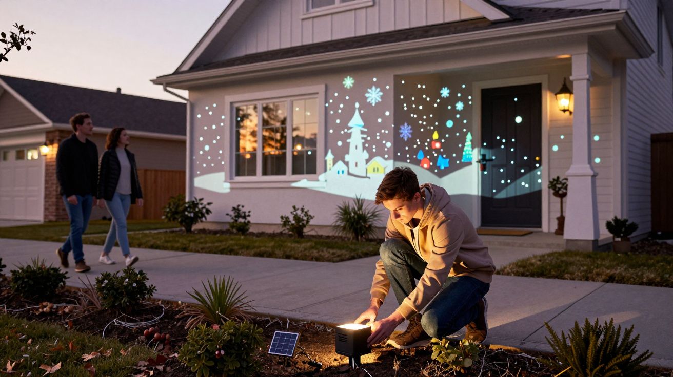 Jovem ajusta projetor de luz que exibe cenas natalinas na fachada de uma casa ao entardecer.