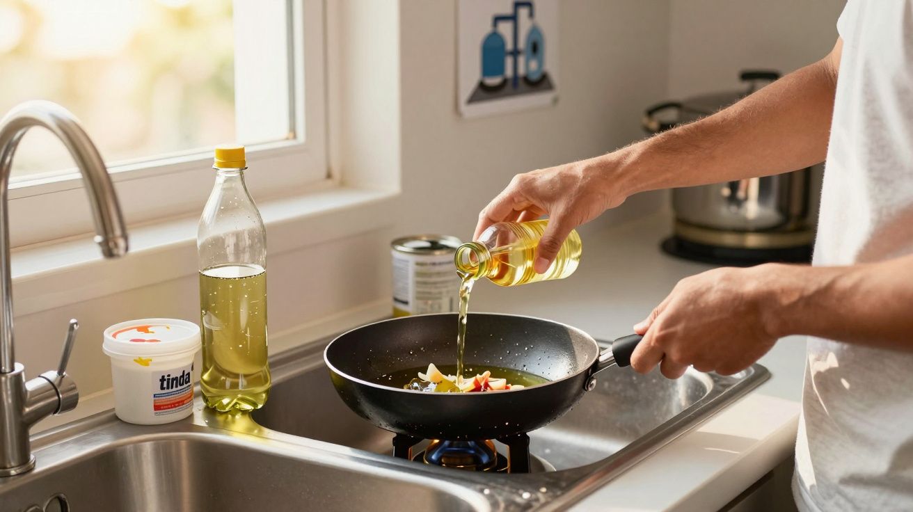 Pessoa despejando óleo em frigideira com legumes na cozinha ao lado da pia e janela iluminada.