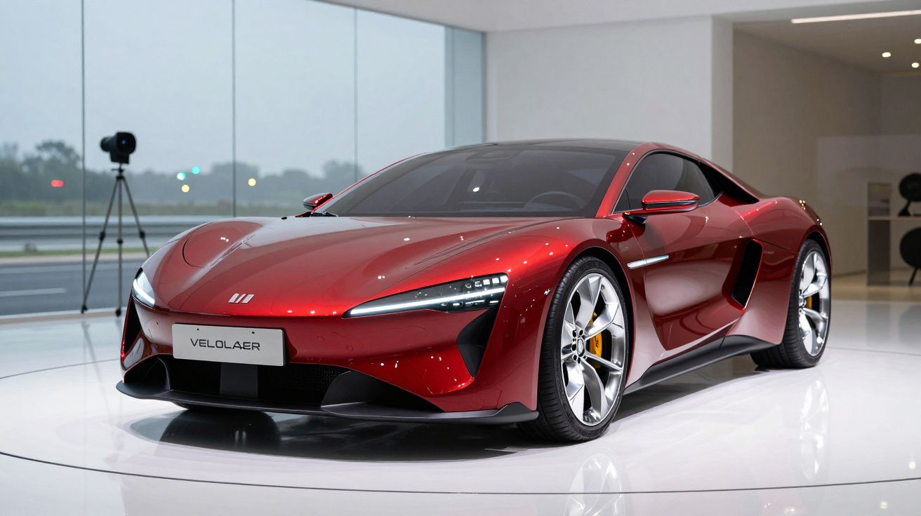 Carro esportivo vermelho VeloLáer exibido em ambiente moderno com piso branco e grandes janelas.