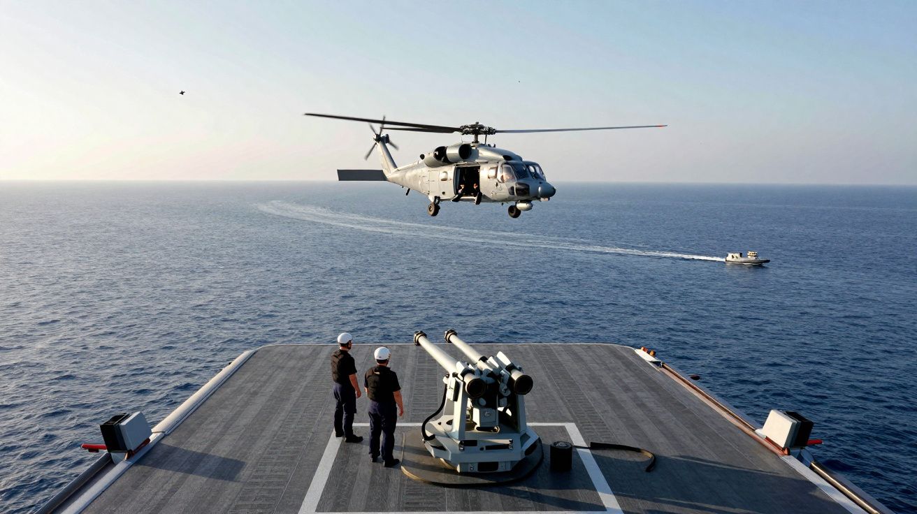 Helicóptero militar pairando sobre porta-aviões no mar com dois tripulantes observando na plataforma.
