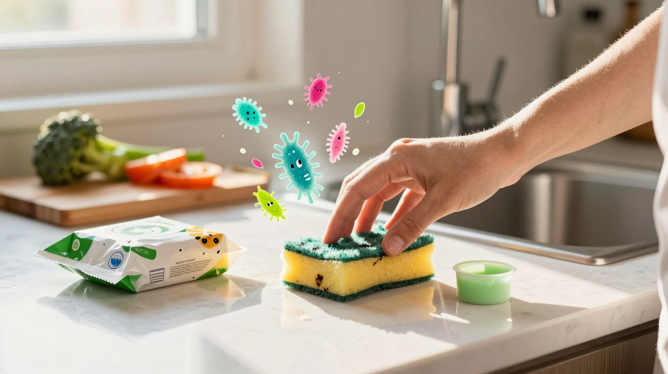 Mão segurando esponja de cozinha sobre bancada com bactérias animadas representando sujeira.