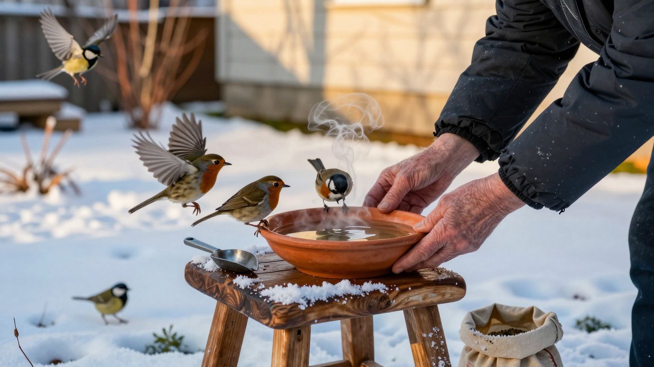 Mãos seguram tigela quente para pássaros beberem, com neve ao redor e várias aves voando e pousadas.