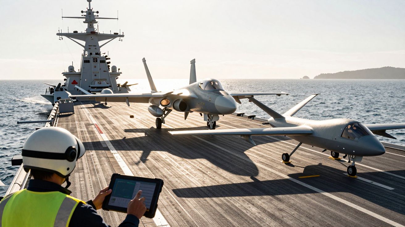 Homem com colete e capacete operando tablet em convés com aeronave não tripulada e caça em porta-aviões no mar.