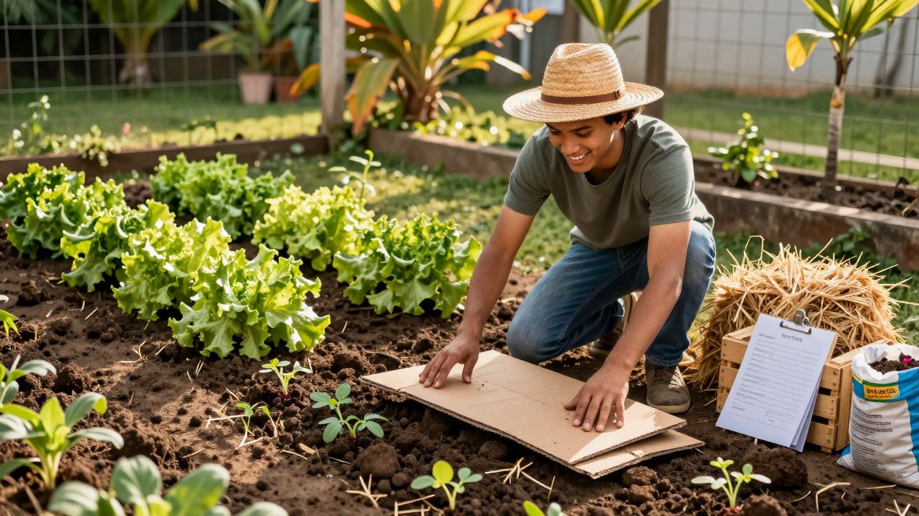 Jovem com chapéu de palha cuidando da horta, plantando e usando papelão para proteger o solo.