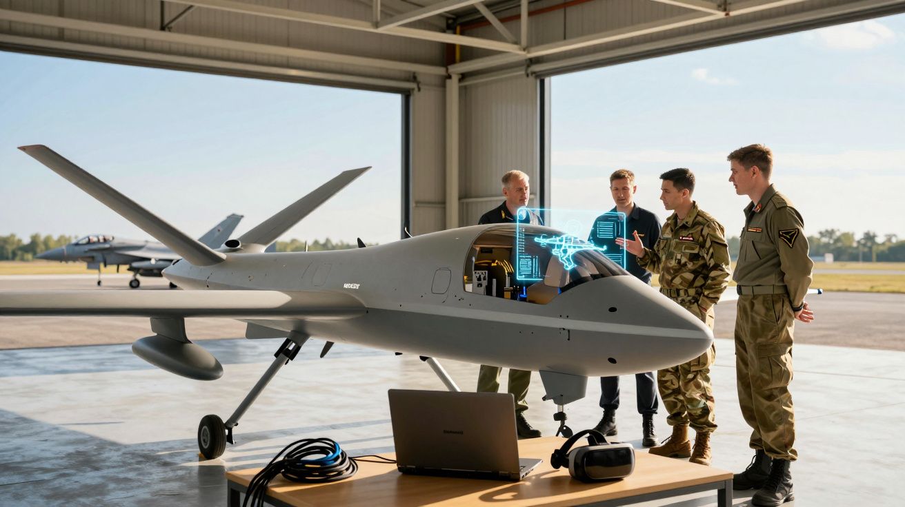 Quatro homens em uniforme observam drone militar cinza em hangar com notebook e óculos de realidade virtual.