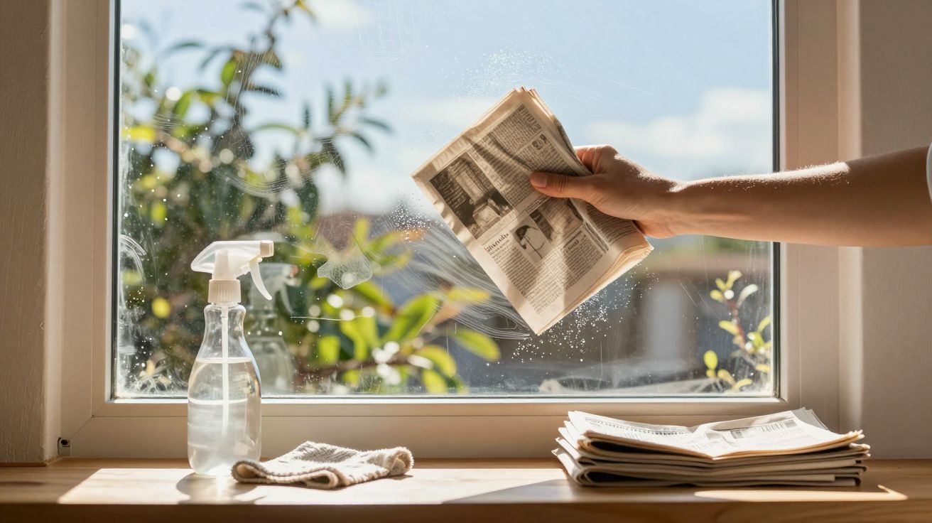 Pessoa limpando janela com jornal, pano e borrifador sobre o parapeito em ambiente iluminado.