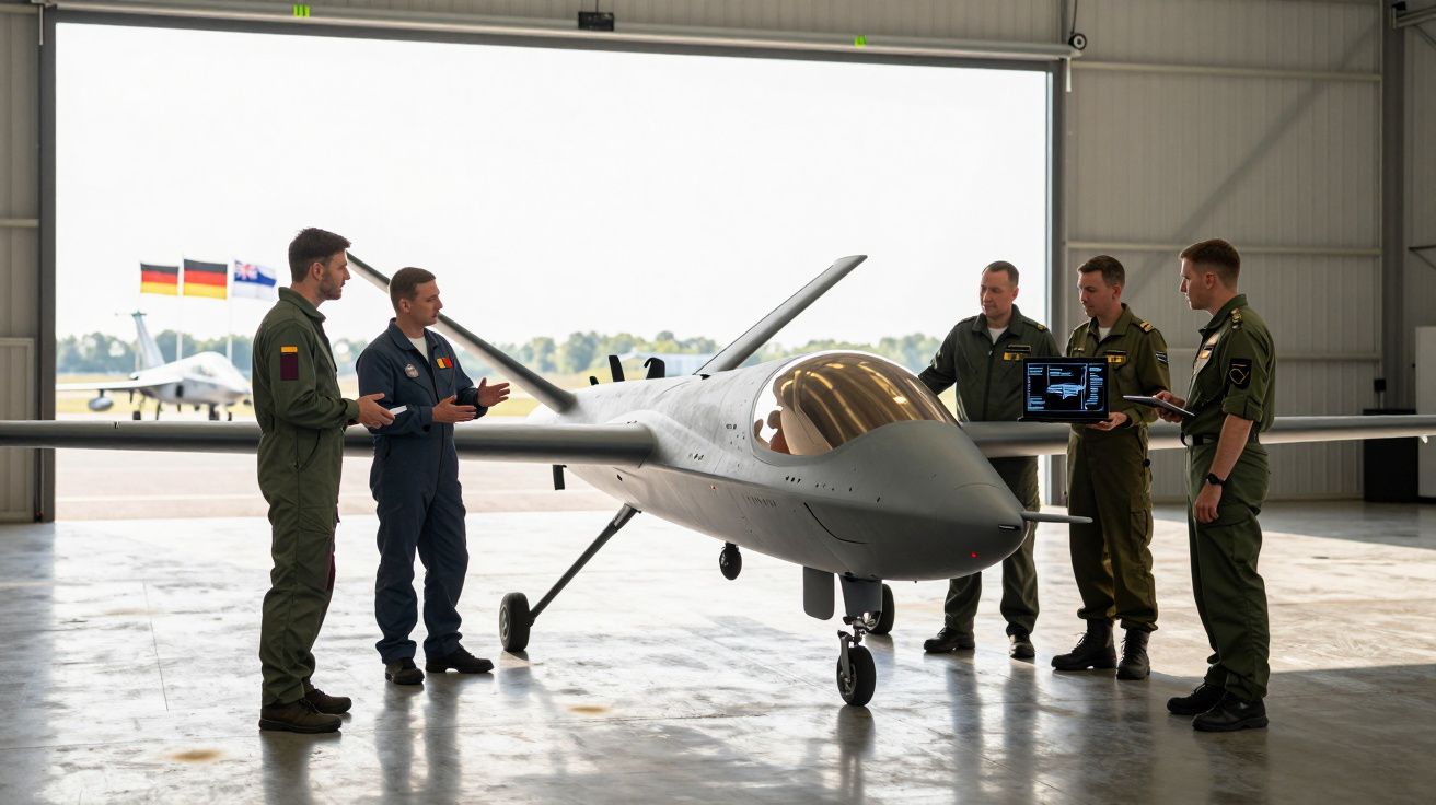 Cinco militares em torno de um drone em hangar, com dois jatos e bandeiras da Alemanha ao fundo.