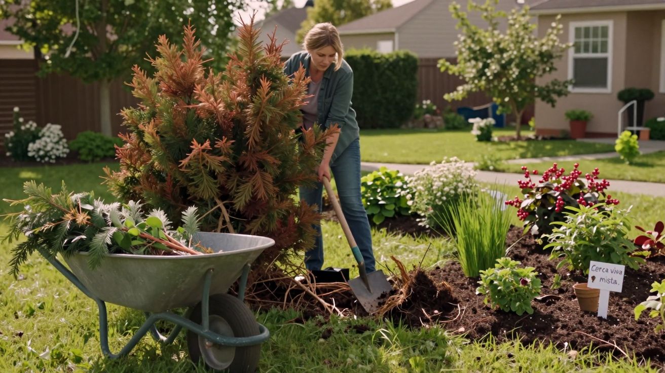 Mulher cavando terra no jardim perto de carrinho de mão com plantas em área residencial ensolarada.