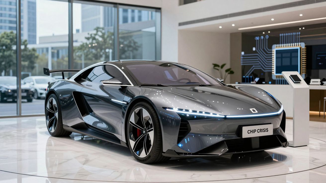 Carro esportivo elétrico cinza metálico com luzes de LED exposto em showroom moderno.