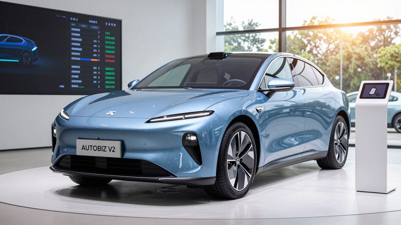 Carro elétrico azul exposto em salão moderno com grande janela e painel digital ao fundo.